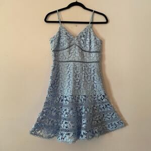 NWT Bardot Agnes Dusty Blue Tiered Lace Overlay Mini Dress Women size 6 / Small